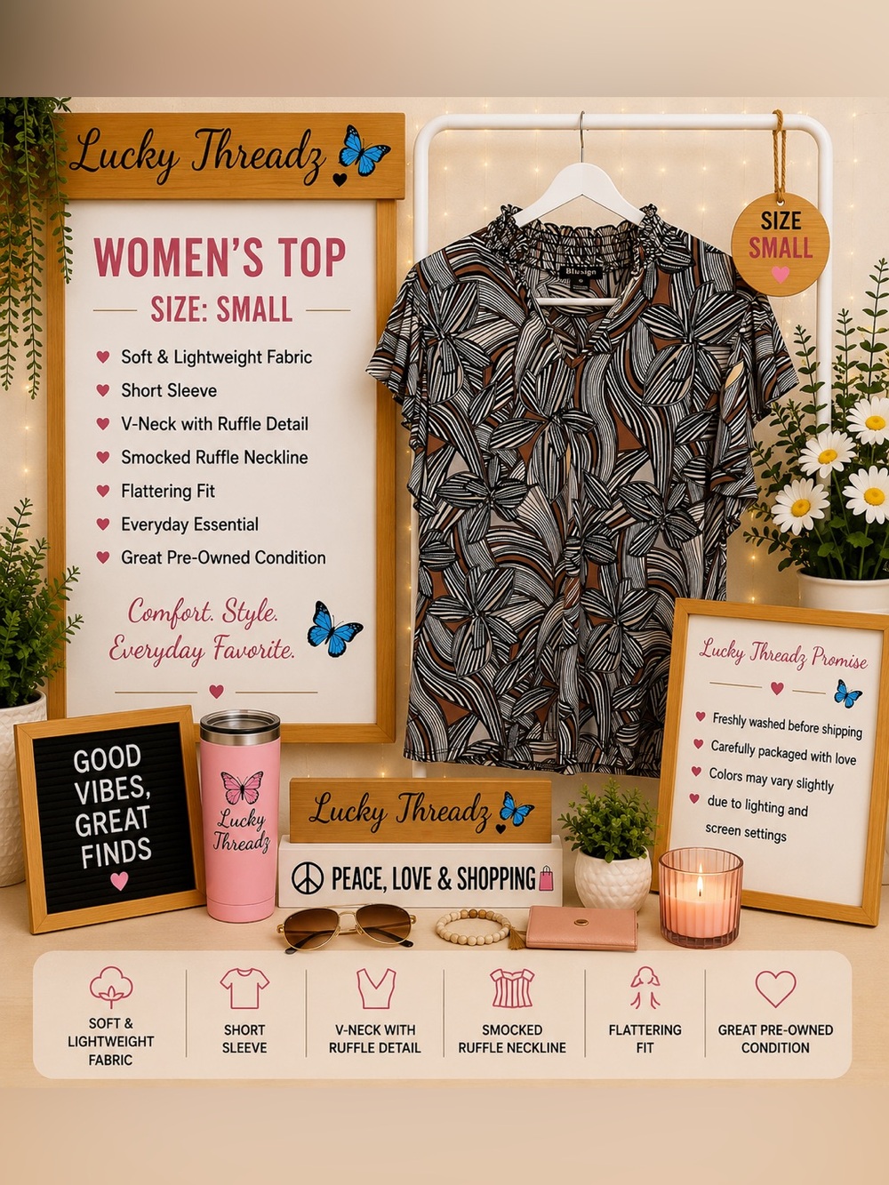 Bliss Brown, Black & Cream Floral V-Neck Ruffle Top